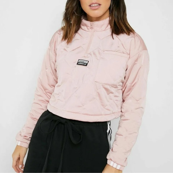 Adidas Quilted Half Zip Pink Cropped Jacket - Picture 1 of 8